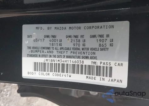 2017 Mazda Mazda3 Grand Touring из США, поврежденный, VIN JM1BN1M34H1146038